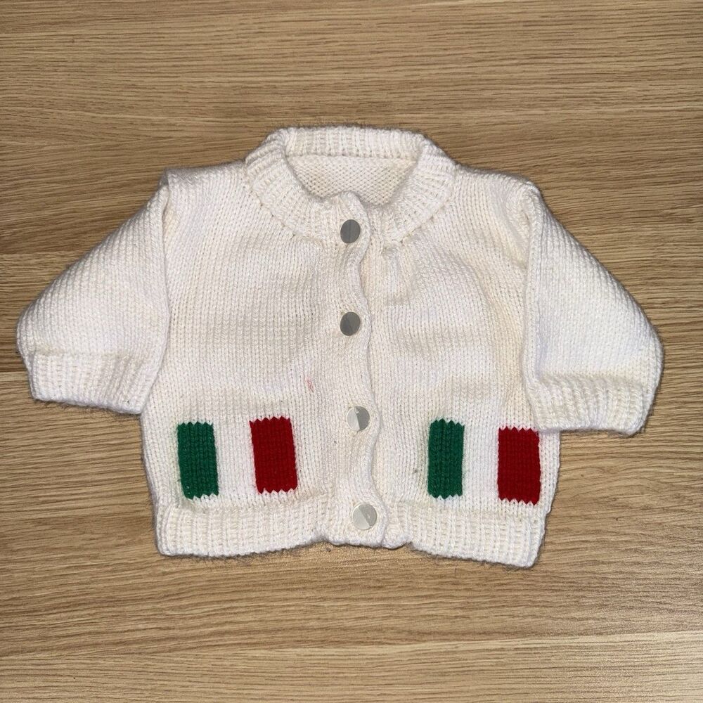 Vintage Hand Knit Baby Cardigan Sweater White Red Green Italian Christmas Small